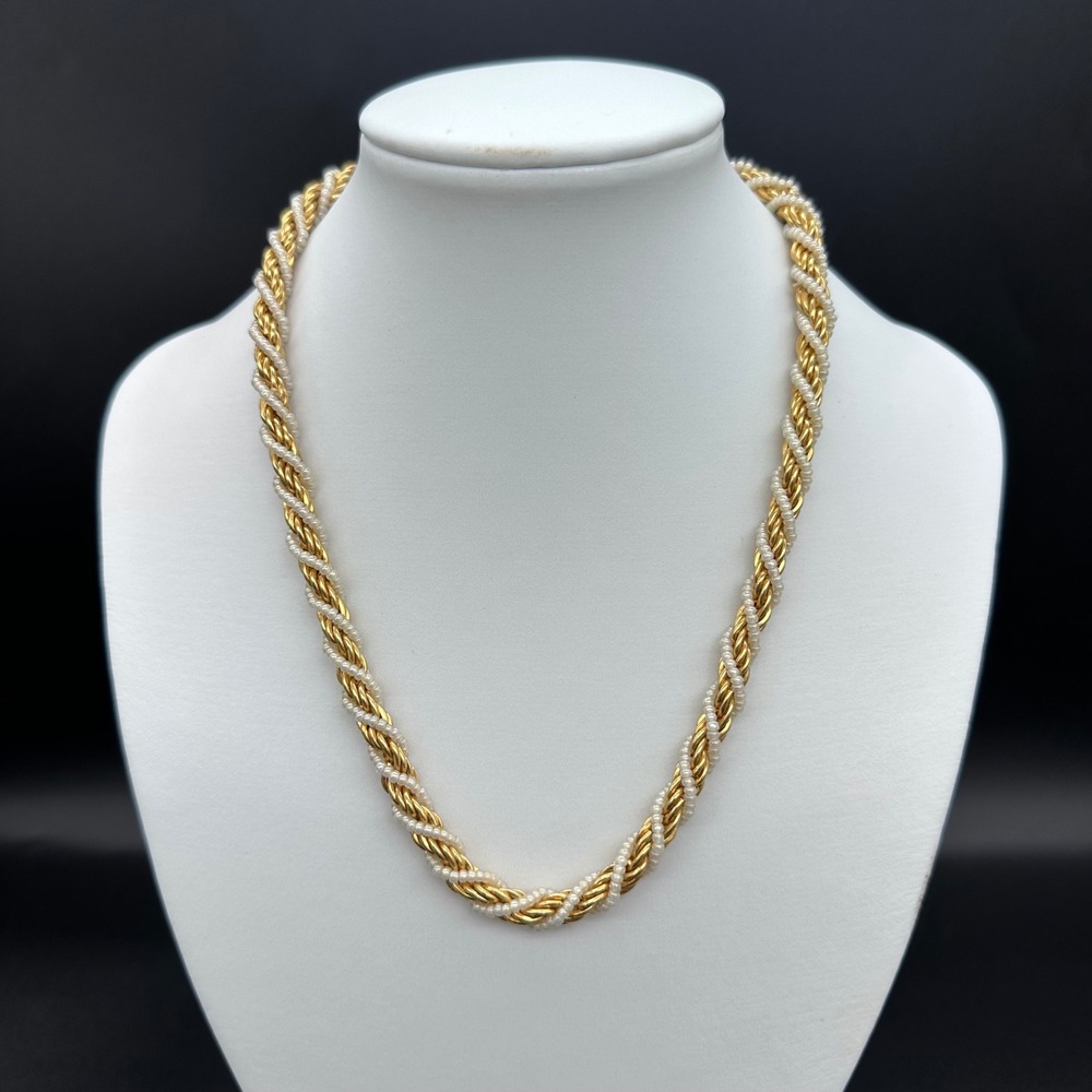 Trifari Vintage Twisted Rope Necklace Gold Tone Faux Seed Pearl 16.5in
